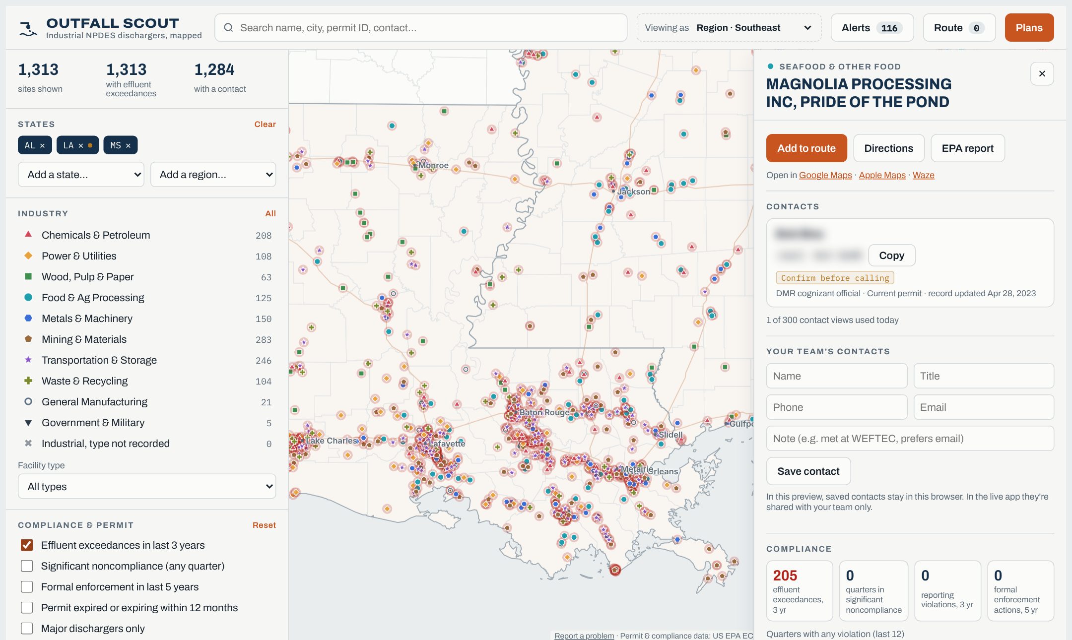 Outfall Scout map of Louisiana and Mississippi with industrial dischargers colored by industry, and a site card showing 205 effluent exceedances in three years